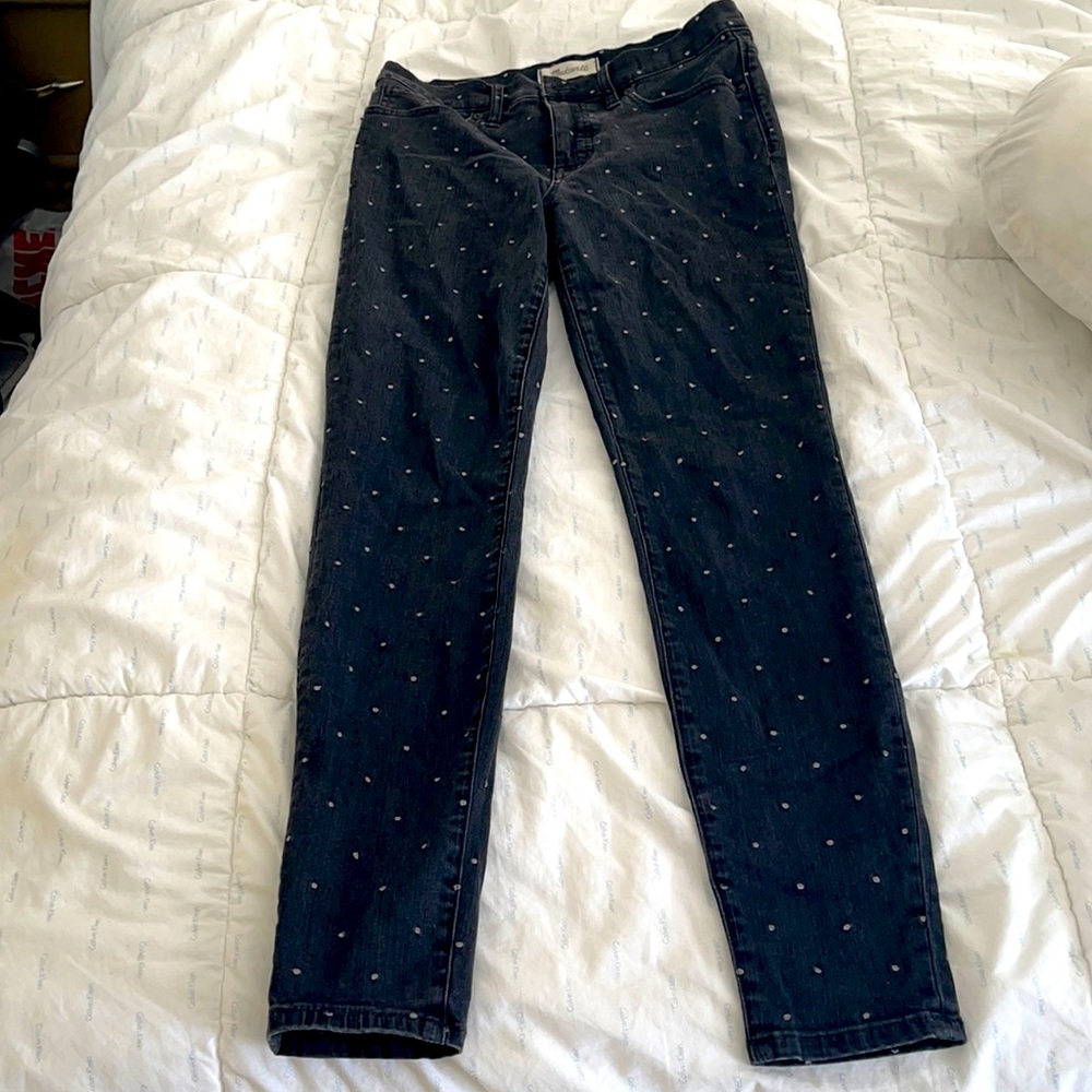 Madewell, black jeans w/ grey stitched polka dots